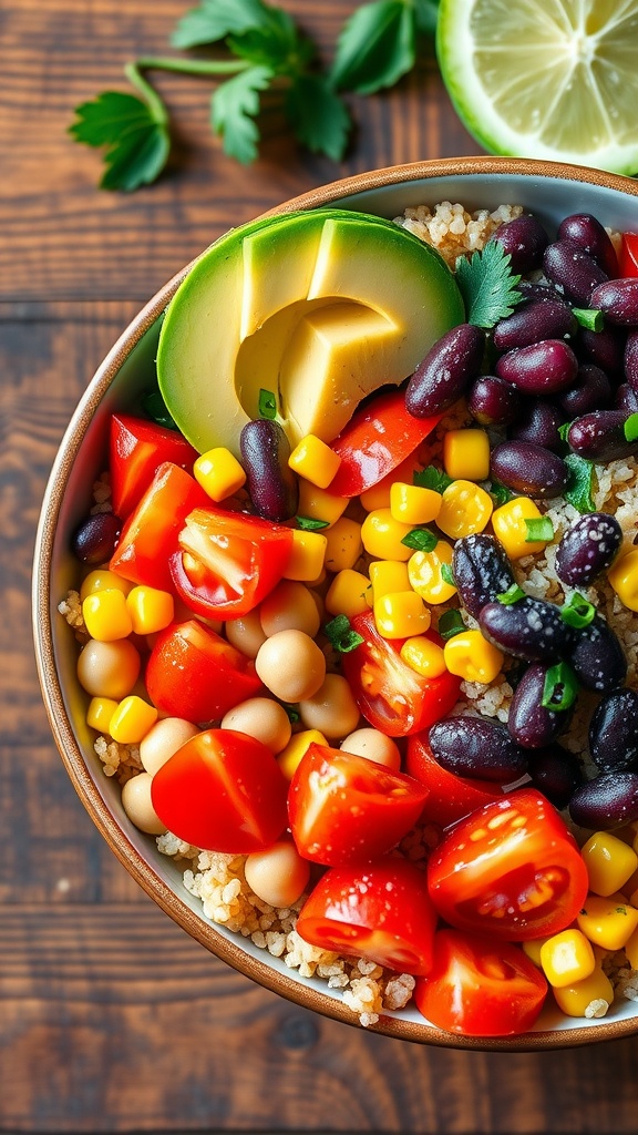 A vibrant quinoa bowl with beans, fresh vegetables, and avocado on a rustic table.